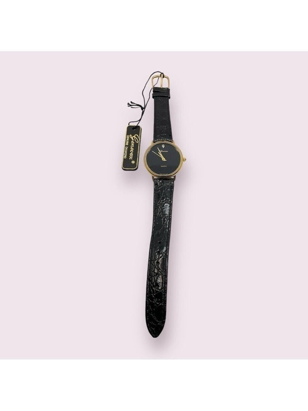 Genevex Diamond Quartz Gold Tone Stainless Steel Leather Strap Watch